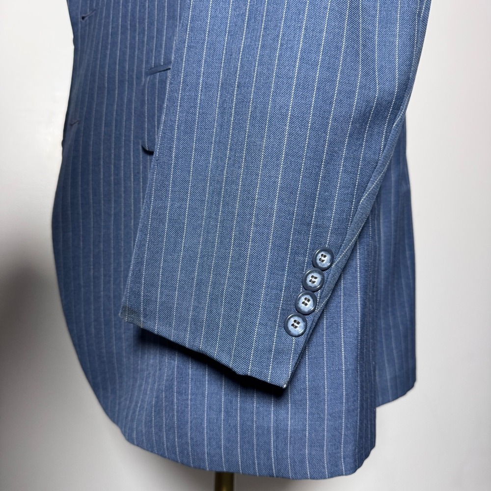 1970s Executive 3-Piece Suit Mens 44L 36x33 Blue Pinstripe Vintage Wool Blend - Picture 4 of 7